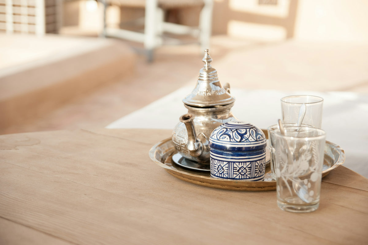 Moroccan teapot and glasses on a tray